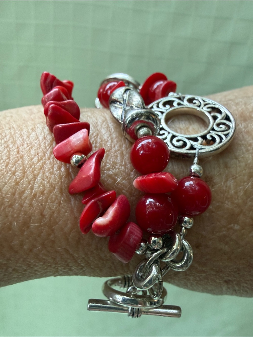 Vintage Red Coral Beaded Charm Bracelet